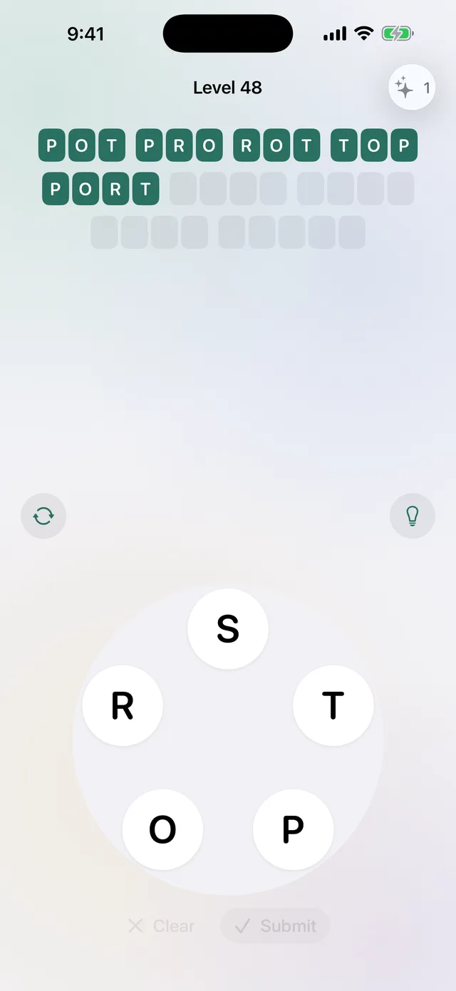 Quiet Words gameplay: a letter wheel below rows of word slots, on a soft green background