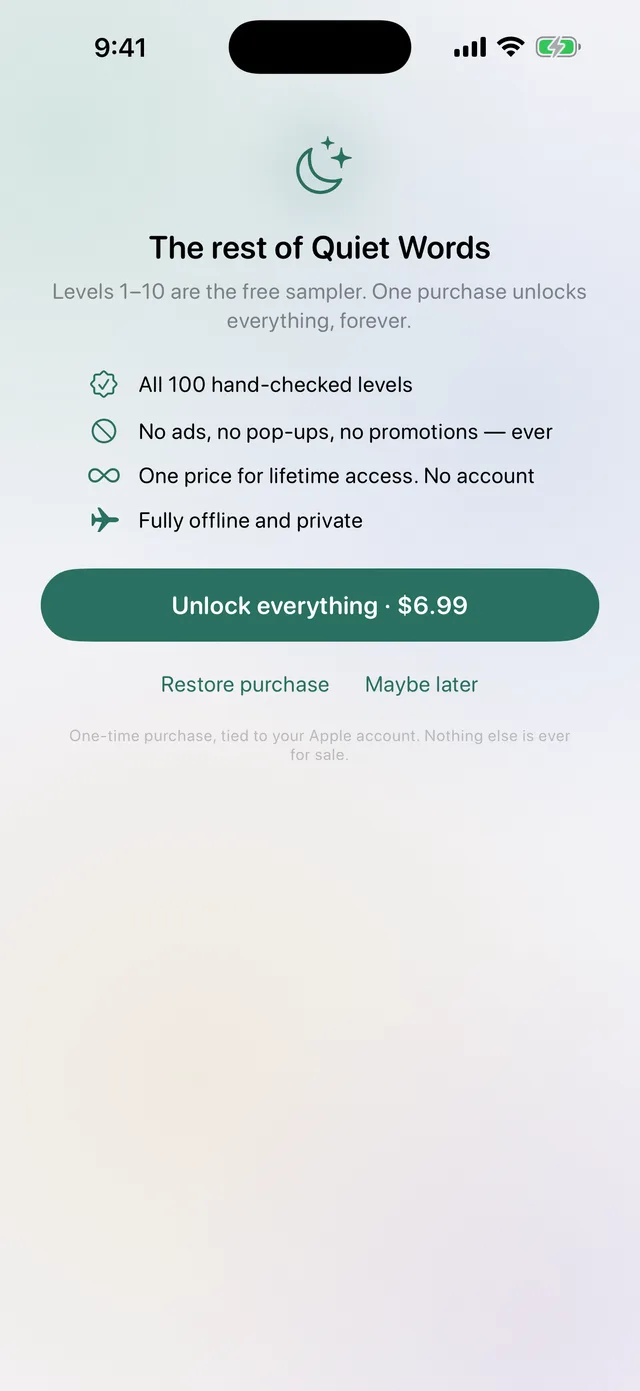 The Quiet Words unlock screen: one lifetime unlock for $6.99 with a Maybe Later button