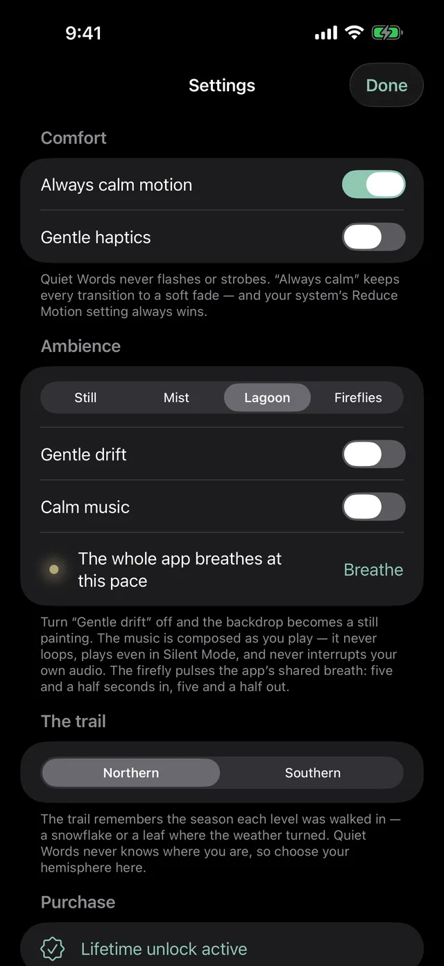 Quiet Words settings in Dark Mode: Always calm motion, Gentle haptics, ambience scenes, Gentle drift and Calm music toggles