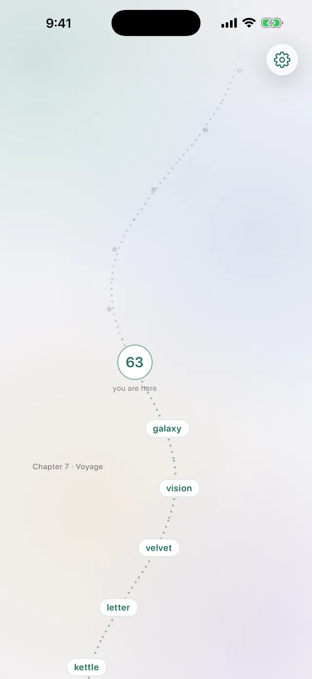 The Quiet Words trail: a dotted path winding through level 63, labelled with solved words like galaxy, vision, velvet